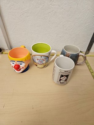 4 Mugs - 1 Plastic Clown Mug, 1 Stoneware Mug, 2 Ceramic Mugs