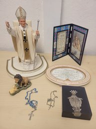 Religious Lot Of Pope Statues, Rosaries, Frame