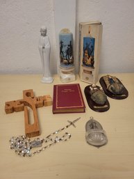 Religious Lot Of Items With Rosary, Statue, Cross, Bible