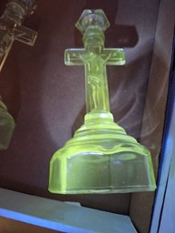 2 Uranium Glass Candle Holder Crucifixes