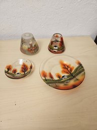 4 Pieces Of House Painted Glass Fall Theme - 1 Big Plate And 1 Small Plate And 2 Candle Glass