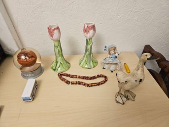 Mars Snow Globe, 2 Glass Flower Vases, Wooden Duck, Bus, And A Doll