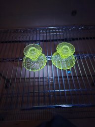 2 Uranium Candle Holders With A Wavy Designs