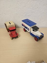 2 True Value Bank Die Cast Trucks - 1 Blue Hardware Tenth Anniversary Edition And 1 Mechanic With Crates