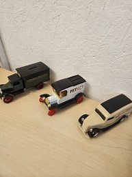 3 Die Cast Bank Trucks - Red Pet Co, Texaco Motot Roil, And JC Penny