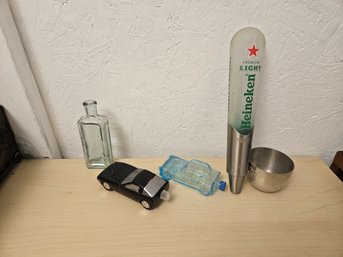 1 Heineken Keg Pull, 1 Metal Cup And 3 Bottles - 2 In Car Form, 1 Normal Flask