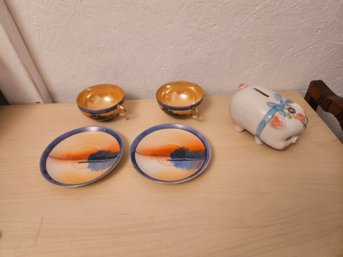 2 Japanese China Tea Sets, 1 Piggy Bank