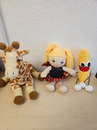 3 Stuffed Animals - Giraffe, Doll
