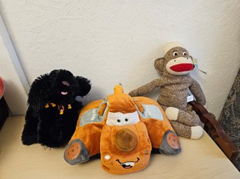 3 Stuffed Animals - Black Dog, Cars, Sock Monkey