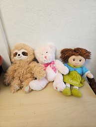 3 Stuffed Animals - Sloth, Teddy Bear, Girl