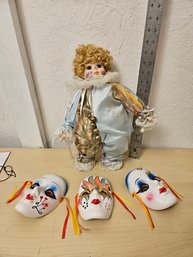 Tall Clown With 3 Hand Painted Masks