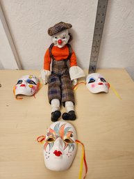 Tall Clown With 3 Hand Painted Masks