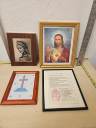 4 Pieces Of Art - 1 Needle Point, 1 Wooden, 1 Canvas, 1 Nicene Creed