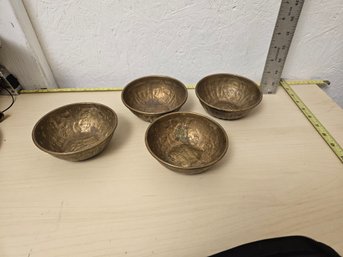 4 Brass Bowls With Designs And Some Dents