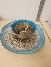 2 Three Hands Glass 1 Blue And Brown Bowl And 1 Plate Wavy