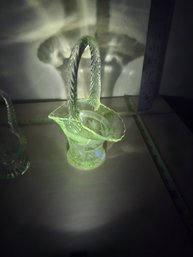 2 Long Handed Uranium Glass Basket