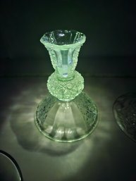 4 Uranium Glass Candle Holders - 2 Standing Strait Up, 2 Standing Up To The Side