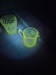 8 Uranium Glasses - 2 Star Glass Creamers, 1 Sugar Glass Holder, 1 Shot Glass, 4 Glasses