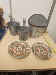 2 Ceramic Plates, 3 Metals Planters - 2 With Handles And 1 Standing