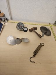 Misc Vintage Items -  1 Propeller, 2 Speedometer, 1 Hammer, 1 Hanging Weigh Device