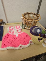 Misc Items - 1 Woven Pink Dress, 1 Oddland Stuffed Animal, 1 Stick Basket