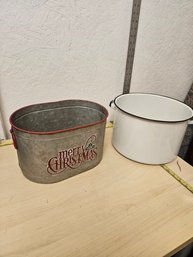 2 Metal Pots - 1 Merry Christmas Long Pot, 1 White Pot