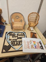 Misc Items - 2 Woven Chairs, 1 Be Kind Metal Retro Sign, 1 Sign With A Heart And Key, Wood Tree Art