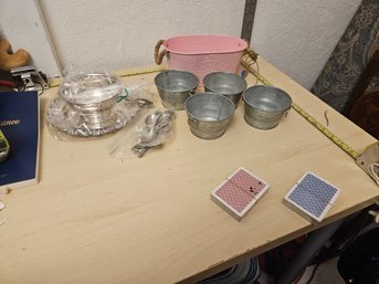 Misc Items - 2 Card Packets, 4 Circle Metal Planter Pots, 1 Pink Long Planter Pot, Tea Set Of Cup Plates Etc