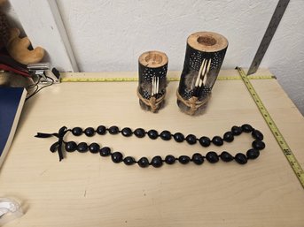 2 Bamboo Decorations, And 1 Bead Necklace
