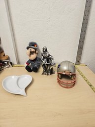 Misc Items - 1 Small Ridel Football Helmet, 1 Metal Figure Of Mother And Daughter, 1 Luigi, 1 Heart Glass Bowl