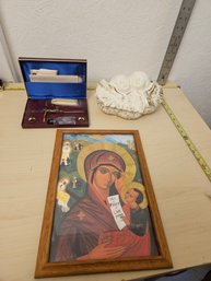 Misc Religious Items - 1 Crucifix With More, 1 Framed Mary Painting, 1 Angel Container