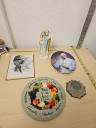Misc Religious Items - 1 Mary In Glass, 1 Jesus Artwork, 1 Mary Statue, 1 Pope Plate