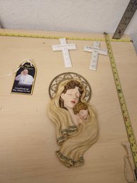Misc Religious Items - 2 Crosses, 1 Wooden Mary Artwork, 1 Pope Trinket