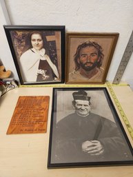 4 Pieces Of Artwork - 2 Framed Photos, 1 Painting Of Jesus, 1 Wooden Prayer
