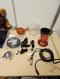 Misc Items - 3 Cords, Many Clamps, 2 Cups, 1 Teapot, 1 Pouring Jar
