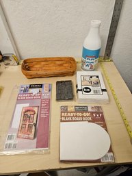 Misc Items -  Stamps, Blank Board Books, Town Center Decorated Bottle, Wood Woven Basket