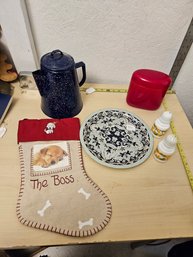 Misc Items - 1 The Boss Dog Stocking, 1 Blue Tall Teapot, 1 Red Cylindrical Box, Blue Fascinating Design Plate