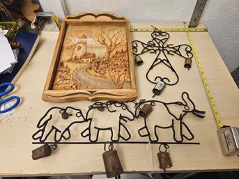 1 Metal Wire Elephant Family Chime, 1 Wooden Art Piece Of A Lighthouse, 1 Metal Wire Wind Chime Cross