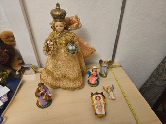 1 Infant Of Prague Statue, 3 Miniature Statues, 1 Angel Decoration, 1 Baby Jesus Decoration