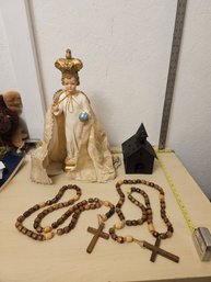 1 Infant Of Prague, 2 Wooden Bead Prayer Beads, 1 Metal Church