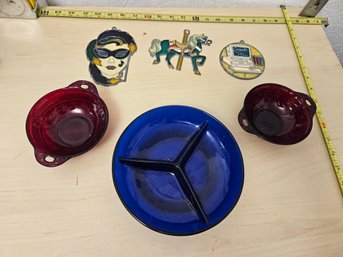 3 Stained Glass, 2 Small Red Glass Dishes, 1 Blue Separated Glass Dish