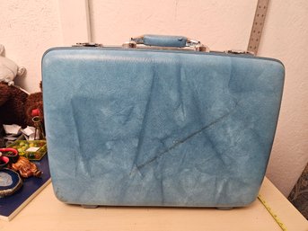 2 Vintage Suitcases - 1 Large Blue Suitcase, 1 Medium Green Suitcase