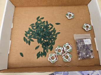 Bead Lot - Many Green Leaf Beads, 6 Flower Beads, Many Fluorite Beads