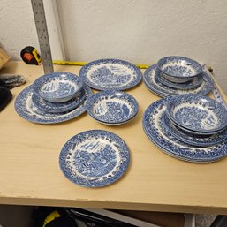 Scenic Dinnerware Set: 8 Large Plates, 7 Small Plates & 8 Small Bowls With Forest Design