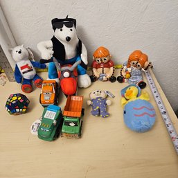 Fun Toy Collection: 4 Stuffed Animals, Star Rubik's Cube, 3 Toy Trucks & 2 Stitched Dolls