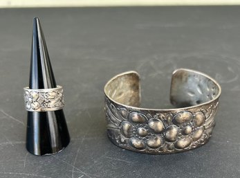 Vintage Floral Design Sterling Silver Cuff Bracelet & Ring