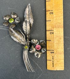 Vintage Sterling Silver & Gemstone Flower Brooch
