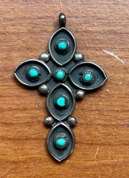 Vintage Native American Sterl Silver & Turquoise Cross Pendant