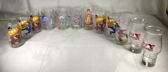 12 Vintage Glasses - 3 Disney Glasses, 7 Vintage McDonald's Collectable Tumblers, Pair Red Lobster Glasses