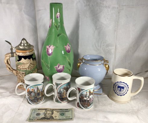 3 New Dunoon Stoneware Mugs, Scotland, 15 In Tall Vase, Beer Stein, Connecticut College - New London Mug